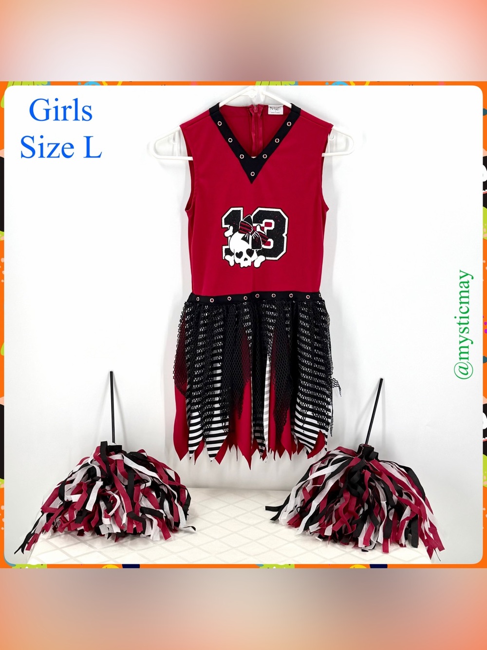 Spirit Halloween RED BLACK ZOMBIE CHEERLEADER COSTUME Dress w Pom Pom Girls Sz L
